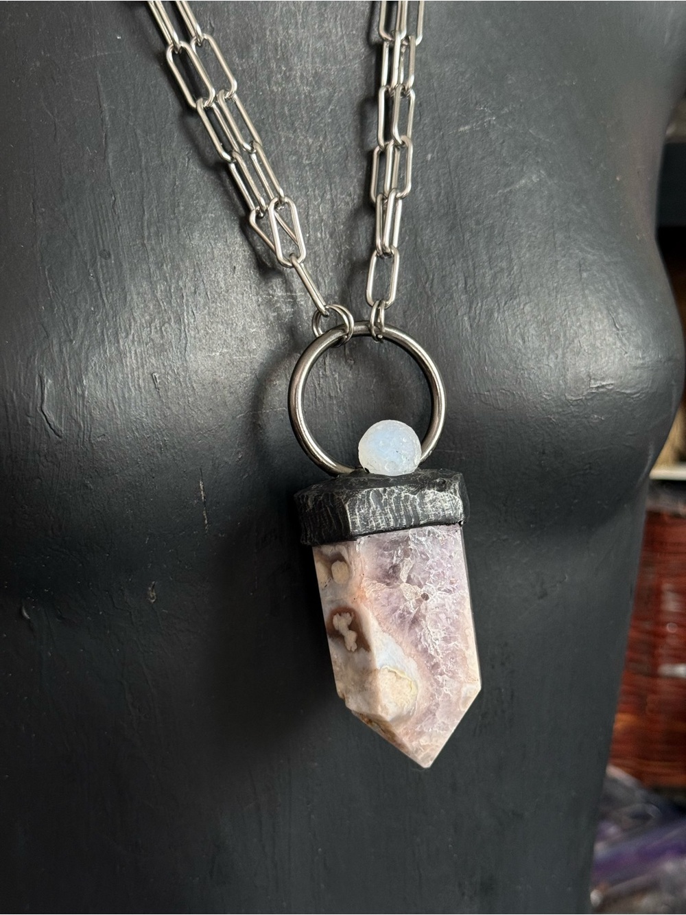 Amethyst flower agate moonstone carved moon statement crystal necklace pendant